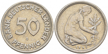 ФРГ 50 пфеннигов 1949 G KM 104, J. 379 медно-никель 112-945