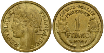 Франция 1 франк 1939 тип Морлон KM 885, LE FRANC 219.10 алюминиевая бронза 4601-732
