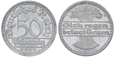 Германия 50 пфеннигов 1922 A KM 27, J. 301 алюминий 4148-712