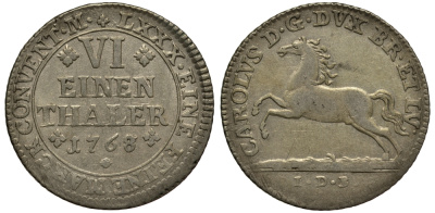 Брауншвейг-Вольфенбюттель 1/6 талера 1768 IDB, вес 5,16 гр. KM 971 серебро 413-2123