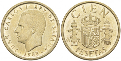 Испания 100 песет 1988 Хуан Карлос I (1975-2014) KM 826 алюминиевая бронза 68-146