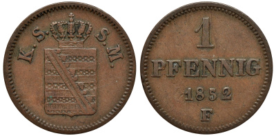 САКСОНИЯ 1 ПФЕННИГ 1852 ФРИДРИХ АВГУСТ II KM 1155, AKS 112, J. 79 медь 75-113