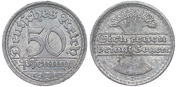 Германия 50 пфеннигов 1921 G KM 27, J. 301 алюминий 4114-852
