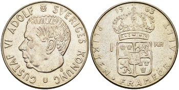 Швеция 1 крона 1963 U, Густав VI Адольф (1950-1973) KM 826 серебро 4582-431
