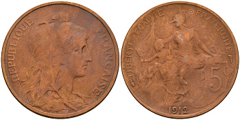 Франция 5 сантимов 1912 тип Дюпюи KM 842 бронза 4116-437