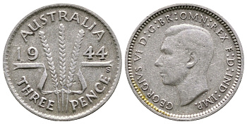 Австралия 3 пенса 1944 S, Георг VI (1937-1952) KM 37 серебро 4178-235