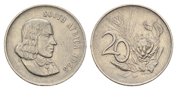 ЮАР 20 центов 1966 Ян ван Рибек (1619-1677), South Africa, легенда на английском, цветок протея KM 69.1 медно-никель 4114-613