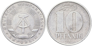 ГДР 10 пфеннигов 1967 A KM 10 алюминий 4613-952