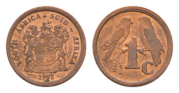 ЮАР 1 цент 1992 герб, капские воробьи KM 132 сталь плакированная медью aUNC 4608-653