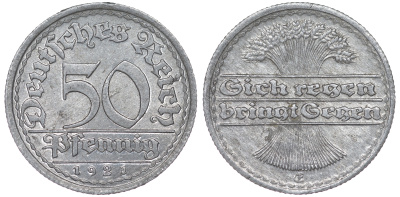 Германия 50 пфеннигов 1921 G KM 27, J. 301 алюминий 4114-852