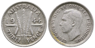Австралия 3 пенса 1944 S, Георг VI (1937-1952) KM 37 серебро 4178-235