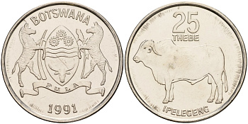 Ботсвана 25 тхебе 1991 KM 6a сталь плакированная никелем UNC 95-247