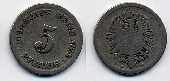 ГЕРМАНИЯ 5 ПФЕННИГОВ 1875 F, СТАРОГЕРБОВКА KM 3, J.3 медно-никель 46-312