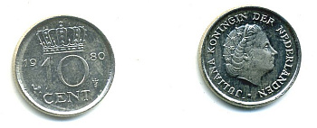 Нидерланды 10 центов 1980 Юлиана (1949-1980) KM 182 никель 76-356
