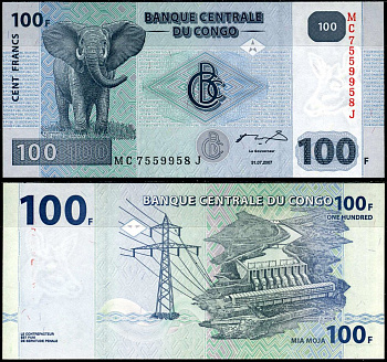 ДР Конго 100 франков 2007 слон, гидроэлектростанция "Инга II" Pick 98 a бумага UNC (пресс) 7183-64-2-2