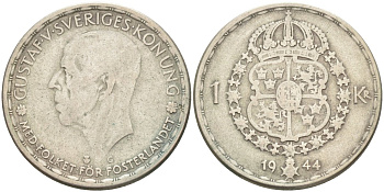 Швеция 1 крона 1944 G, Густав V (1907-1950) KM 814 серебро 3718-417