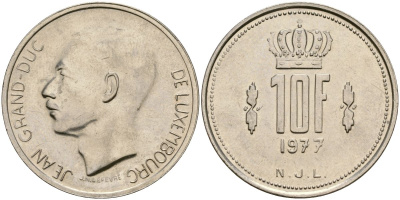 Люксембург 10 франков 1977 Великий герцог Жан (1964-2000) KM 57 никель 4120-1144