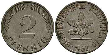 ФРГ 2 пфеннига 1962 D KM 106 бронза 4173-1142