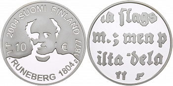 Финляндия 10 евро 2004 200 лет со дня рождения Йохана Людвига Рунеберга, поэт KM 115 серебро  PROOF 11-102-13