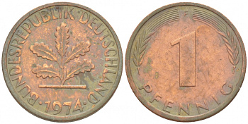 ФРГ 1 ПФЕННИГ 1974 F KM 105, J.380 сталь плакированная медью 3718-221