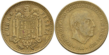 Испания 1 песета 1966 (69) Франсиско Франко (1939-1975) KM 796 алюминиевая бронза 4604-116