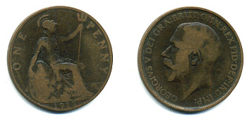 Великобритания 1 пенни 1913 Георг V (1910-1936) KM 810, Spink 4051 бронза 47-1232