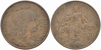 ФРАНЦИЯ 5 САНТИМОВ 1903 ТИП ДАНИЭЛЬ ДЮПЮИ KM 842, LE FRANC 119.13 бронза 108-842