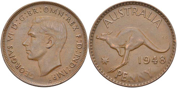 АВСТРАЛИЯ 1 ПЕННИ 1948 m, ГЕОРГ VI (1936-1952), КЕНГУРУ KM 36 бронза 4512-1141
