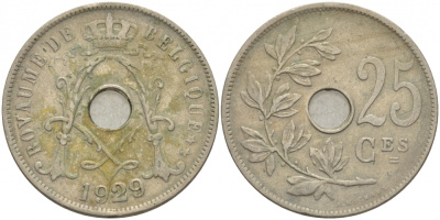 Бельгия 25 сантимов 1929 Belgique KM 68.1 медно-никель 4529-1123