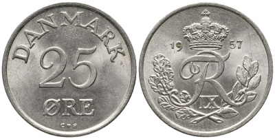 ДАНИЯ 25 ЭРЕ 1957 С; S, ФРЕДЕРИК IX (1947-1972) KM 842.2 медно-никель 34-1145