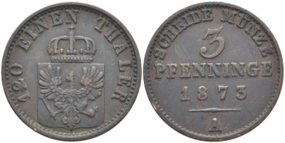 ПРУССИЯ 3 ПФЕННИГА 1873 А, ВИЛЬГЕЛЬМ I (1861-1888) KM 482 медь 117-1134