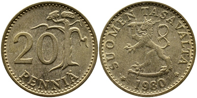 ФИНЛЯНДИЯ 20 ПЕННИ 1980 К KM 47 алюминиевая бронза 4382-1035