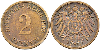 ГЕРМАНИЯ 2 ПФЕННИГА 1905 D KM 16, Jager 11, Weege 4 медь 4546-625
