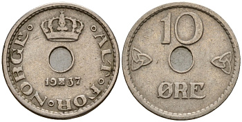 Норвегия 10 эре 1937 Хокон VII (1905-1957) KM 383 медно-никель 4189-747