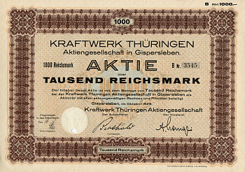 Германия 1000 рейхсмарок 1929 АО Электростанция Тюрингии, акция бумага 8801-102-1