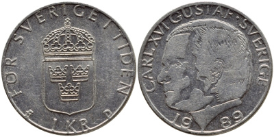 Швеция 1 крона 1989 Карл XVI Густав (1973- ) KM 852a медно-никель 4397-1245