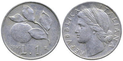 ИТАЛИЯ 1 ЛИРА 1949 R, АПЕЛЬСИН KM 87 алюминий 51-512