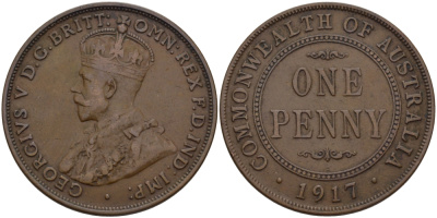 АВСТРАЛИЯ 1 ПЕННИ 1917 ГЕОРГ V KM 23 бронза 82-646
