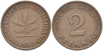 ФРГ 2 ПФЕННИГА 1950 D KM 106, J. 381 бронза 66-658