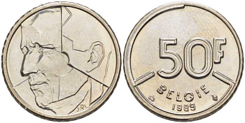 БЕЛЬГИЯ 50 ФРАНКОВ 1989 BELGIE, БОДУЭН I (1951-1993) KM 169 никель 4384-142