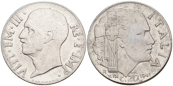 ИТАЛИЯ 20 ЧЕНТЕЗИМО 1941 R, ГОД XIX, ВИКТОР ЭММАНУИЛ III (1900-1946) KM 75b, VEM3. 1028 нержавеющая сталь 3853-727