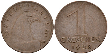 Австрия 1 грош 1938 KM 2836 бронза 4152-115