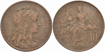ФРАНЦИЯ 10 САНТИМОВ 1914 ТИП ДАНИЭЛЬ ДЮПЮИ KM 843, LA FRANC 136.24 бронза 109-342