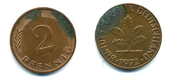 ФРГ 2 пфеннига 1972 F KM 106a, J.381a сталь плакированная медью 3999-1138