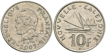 Французская Новая Каледония 10 франков 2009 рыбачья парусная лодка, (IEOM) KM 11a, Schoen 13a, Lec 99k медно-никель 62-1126