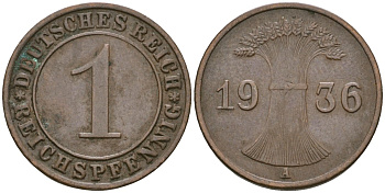 Германия 1 рейхспфенниг 1936 A KM 37, J. 313 бронза 4549-332