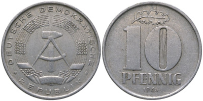 ГДР 10 пфеннигов 1965 A KM 10 алюминий 206-655