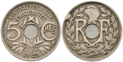 Франция 5 сантимов 1923 KM 875 медно-никель 4596-564