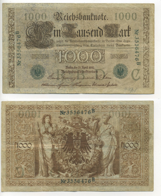 ГЕРМАНИЯ 1000 МАРОК 1910 ЗЕЛЕНАЯ ПЕЧАТЬ, 7 ЦИФР В НОМЕРЕ Pick 45b бумага 7217-38-1