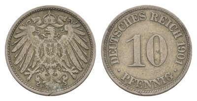 Германия 10 пфеннигов 1901 F, Вильгельм II (1888-1918) KM 12, J. 13 медно-никель 4640-253
